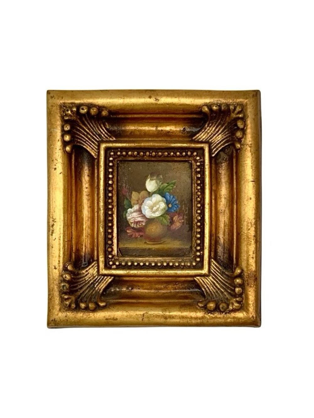 Painting Floral Art Flowers in Vase Oil on Board in Orate Frame Vintage Decor